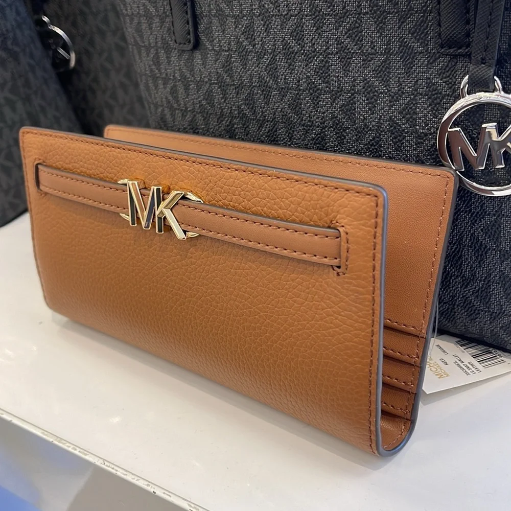 Michael Kors Reed Lg Bifold Pebbled Leather Snap Wallet Card Case Luggage NWT